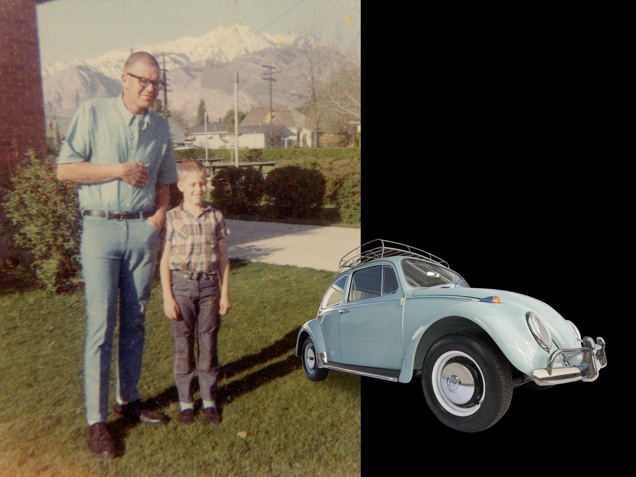 Dee Livingood as a young man with his son Jack in 1967, overlaid is a light blue Volkswagen Beetle.